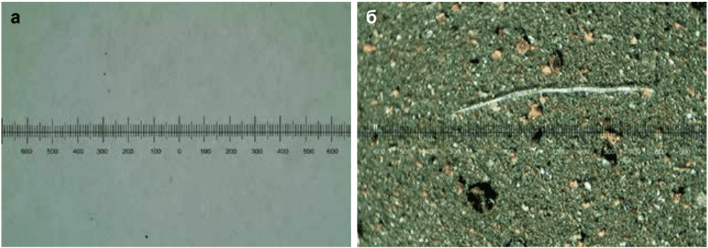 Снимки участков аналитической мембраны при анализе под микроскопом: а) промывочное масло И-20; б) загрязнение масла Shell Morlina S2 BA 100 после начала эксплуатации